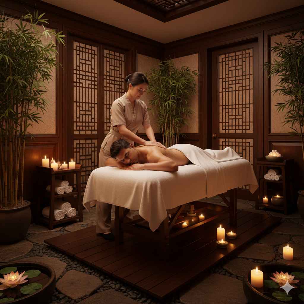 Homem recebendo massagem relaxante em spa de luxo com decoração oriental e ambiente acolhedor._5