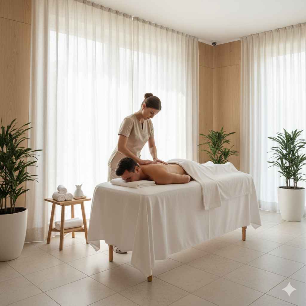 Homem recebendo massagem relaxante em spa de luxo com luz natural, decoração minimalista e ambiente leve e tranquilo.