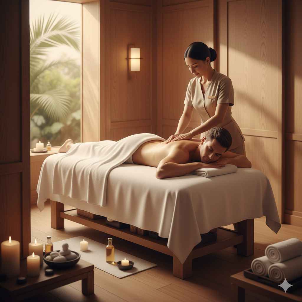 Homem recebendo massagem relaxante em spa de luxo, em ambiente tranquilo e elegante, com iluminação suave e atmosfera terapêutica.