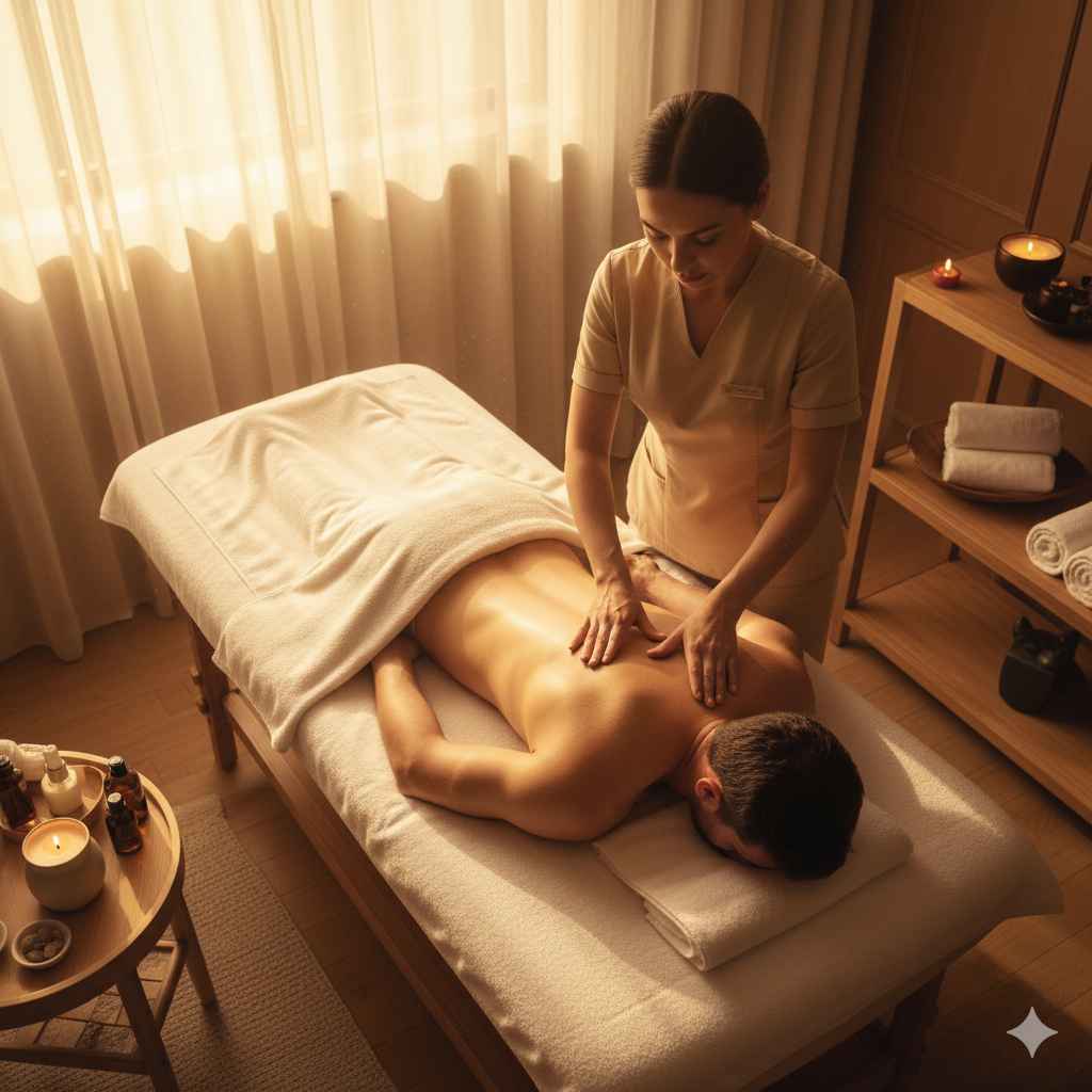 Homem recebendo massagem relaxante em spa de luxo, visto de cima, com luz dourada de fim de tarde e ambiente acolhedor e sofisticado.