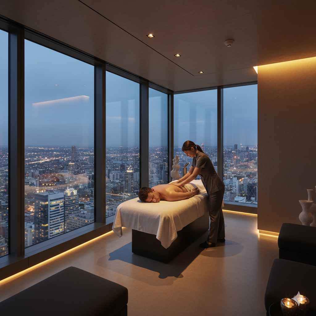 Homem recebendo massagem relaxante em spa urbano com vista para a cidade e ambiente sofisticado._6_11zon