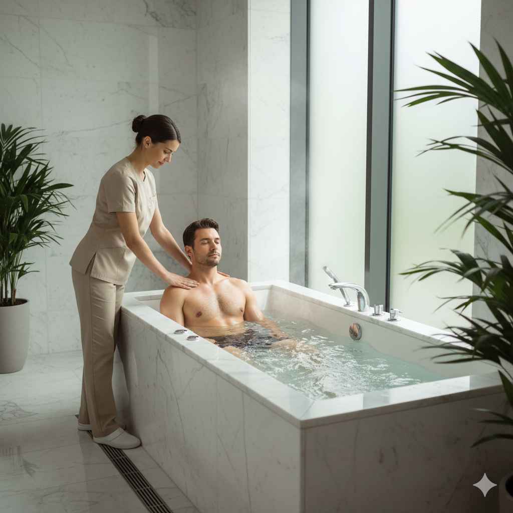 Homem recebendo massagem relaxante na hidro em spa moderno, com luz natural e atmosfera elegante e serena._11zon