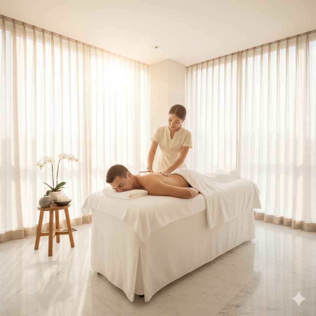 Homem recebendo massagem relaxante pela manhã em spa elegante com luz natural e clima de renovação._7