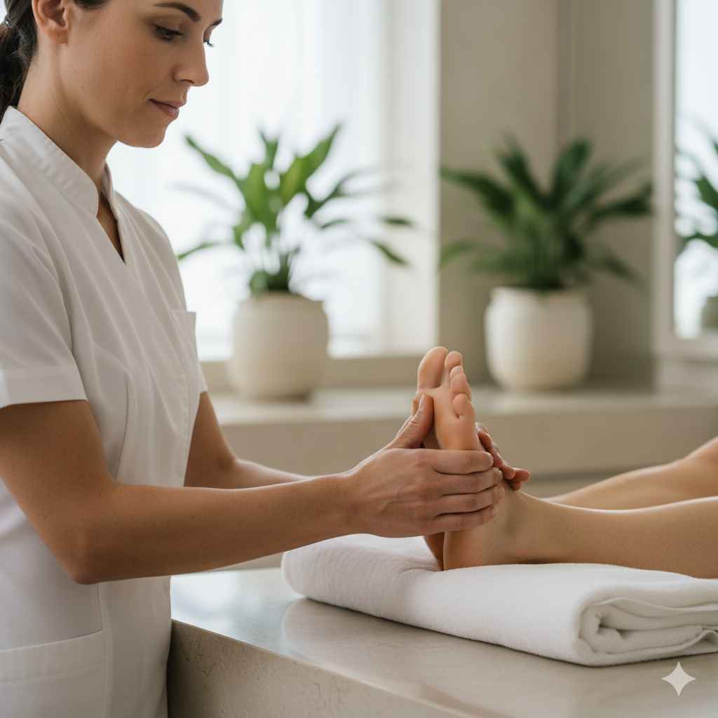 Massagem nos pés para dores com pressão precisa na fáscia plantar em spa de luxo Lushness