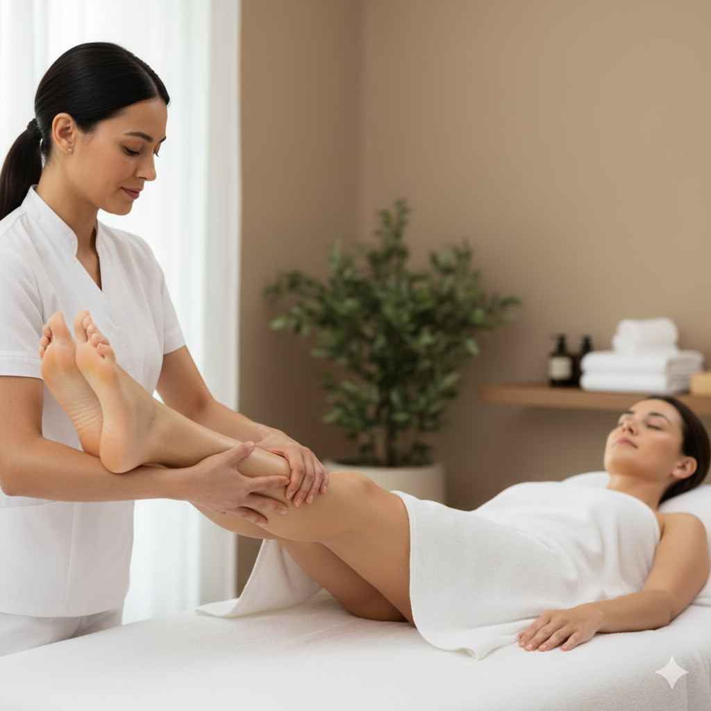 Massagem nos pés realizada por terapeuta em spa de luxo Lushness, promovendo equilíbrio e leveza