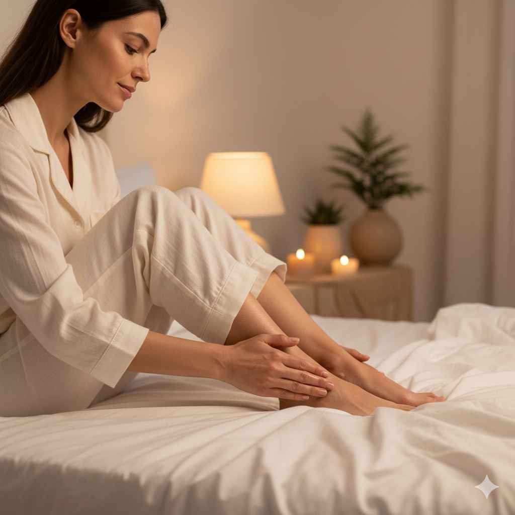 Mulher massageando os pés antes de dormir em ambiente aconchegante, simbolizando relaxamento e autocuidado