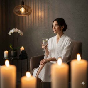 Mulher relaxando e hidratando-se após sessão de massagem modeladora no spa Lushness, simbolizando autocuidado e vitalidade