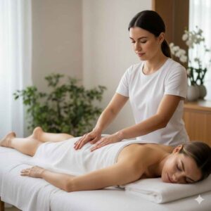 Paciente recebendo drenagem linfática no pós-operatório em spa de luxo Lushness, ambiente terapêutico e acolhedor