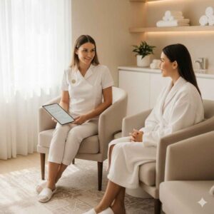 Profissional realizando avaliação antes da massagem modeladora em spa Lushness, garantindo segurança e conforto