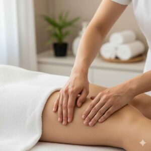 Terapeuta aplicando massagem modeladora com técnica firme e ambiente elegante no spa Lushness