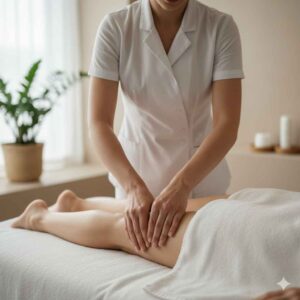 Terapeuta aplicando massagem modeladora em spa de luxo Lushness, com técnica profissional e ambiente acolhedor