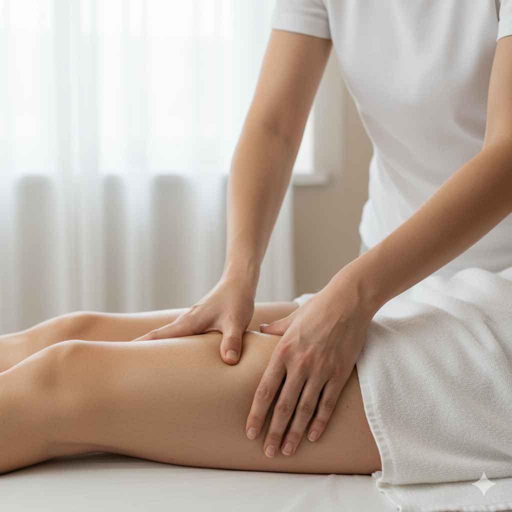 Terapeuta aplicando massagem modeladora nas coxas em spa de luxo Lushness, técnica segura para celulite e contorno corporal