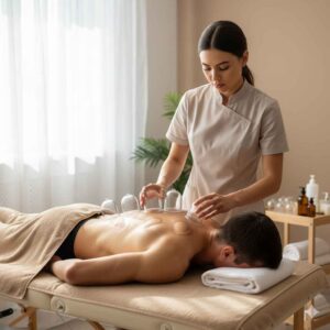 Atleta deitado em maca de spa enquanto terapeuta aplica ventosas transparentes nas costas, em ambiente iluminado naturalmente. A cena transmite cuidado, técnica profissional e o uso da ventosaterapia para aliviar dores musculares e promover relaxamento.