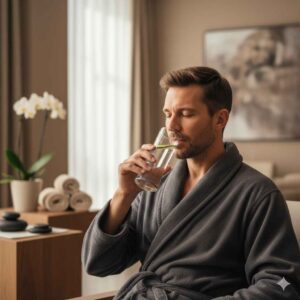 Cliente relaxando e bebendo água após sessão de massagem, simbolizando cuidados pós-atendimento e bem-estar.