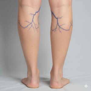 Fotografia ilustrando as pernas de uma pessoa com veias salientes e varizes visíveis, utilizada para representar uma das contraindicações da massagem com ventosa. Fundo neutro e iluminação suave para fins educativos.