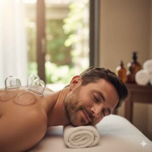 Homem relaxando em uma maca de spa durante sessão de massagem com ventosa, com ventosas transparentes aplicadas nas costas. Ambiente com luz natural e atmosfera de bem-estar e tranquilidade.