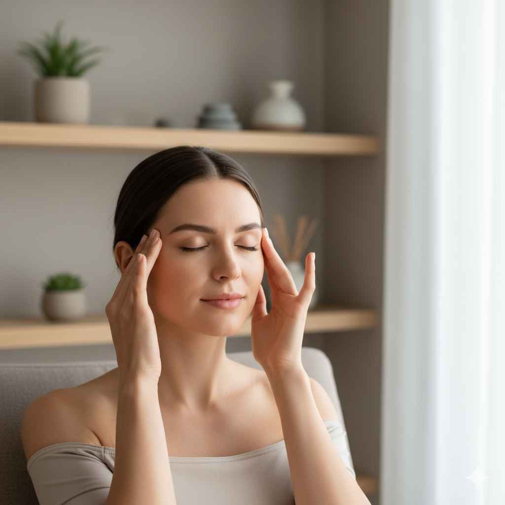 Mulher realizando automassagem nas têmporas com expressão serena e ambiente iluminado naturalmente, representando o alívio da dor de cabeça de forma segura
