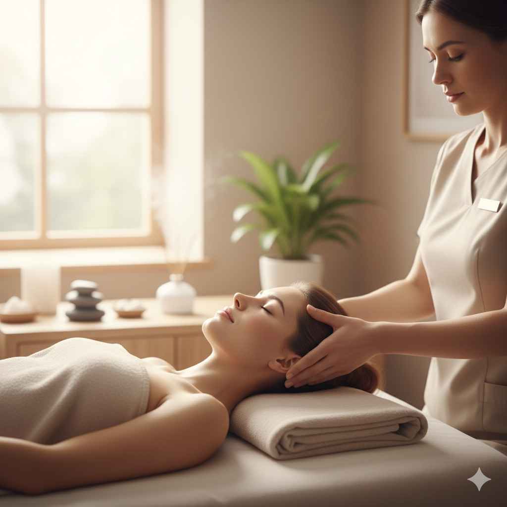 Mulher recebendo massagem suave na cabeça em ambiente de spa calmo e iluminado, simbolizando o alívio natural da dor de cabeça.