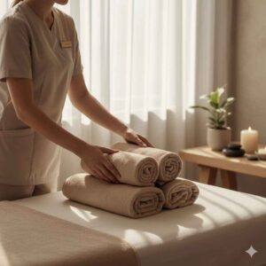 Sala de spa preparada para massagem, com ambiente limpo, toalhas organizadas e iluminação suave, representando o cuidado e a segurança do atendimento.