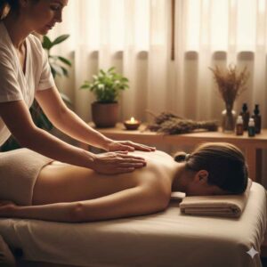 Terapeuta aplicando técnicas de massagem e acupressão em cliente em ambiente de spa calmo, representando terapias complementares para dor de cabeça.