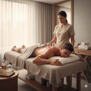 Terapeuta posicionando ventosas cuidadosamente nas costas de um atleta em uma sala de spa com luz natural suave. A imagem representa a aplicação técnica e segura da ventosaterapia para recuperação pós-treino e alívio de tensões.