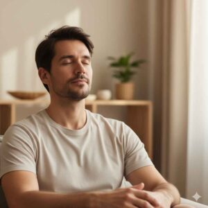 Pessoa relaxando com olhos fechados após automassagem, simbolizando equilíbrio e bem-estar.