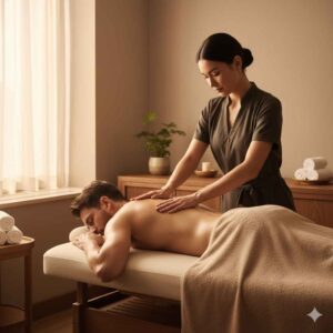 Terapeuta realizando massagem relaxante nas costas de um cliente em ambiente de spa elegante, com iluminação natural suave e atmosfera acolhedora. A imagem transmite bem-estar, cuidado e o clima de tranquilidade característico do Spa Lushness.